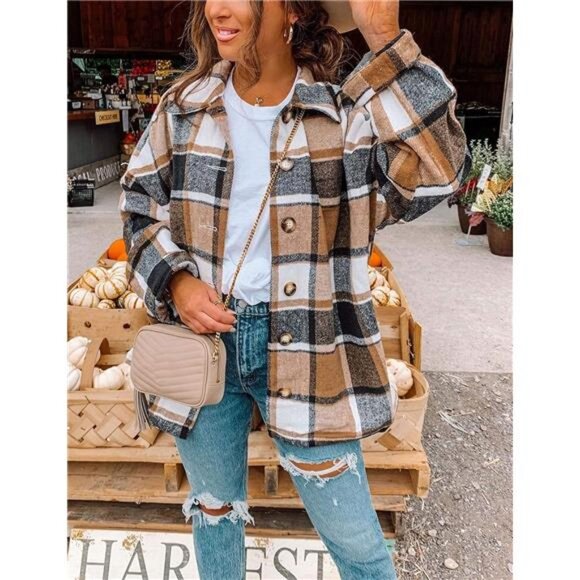 Women's Fall Color Block Plaid Flannel Shacket Jacket Button Down Shirt - Picture 2 of 7
